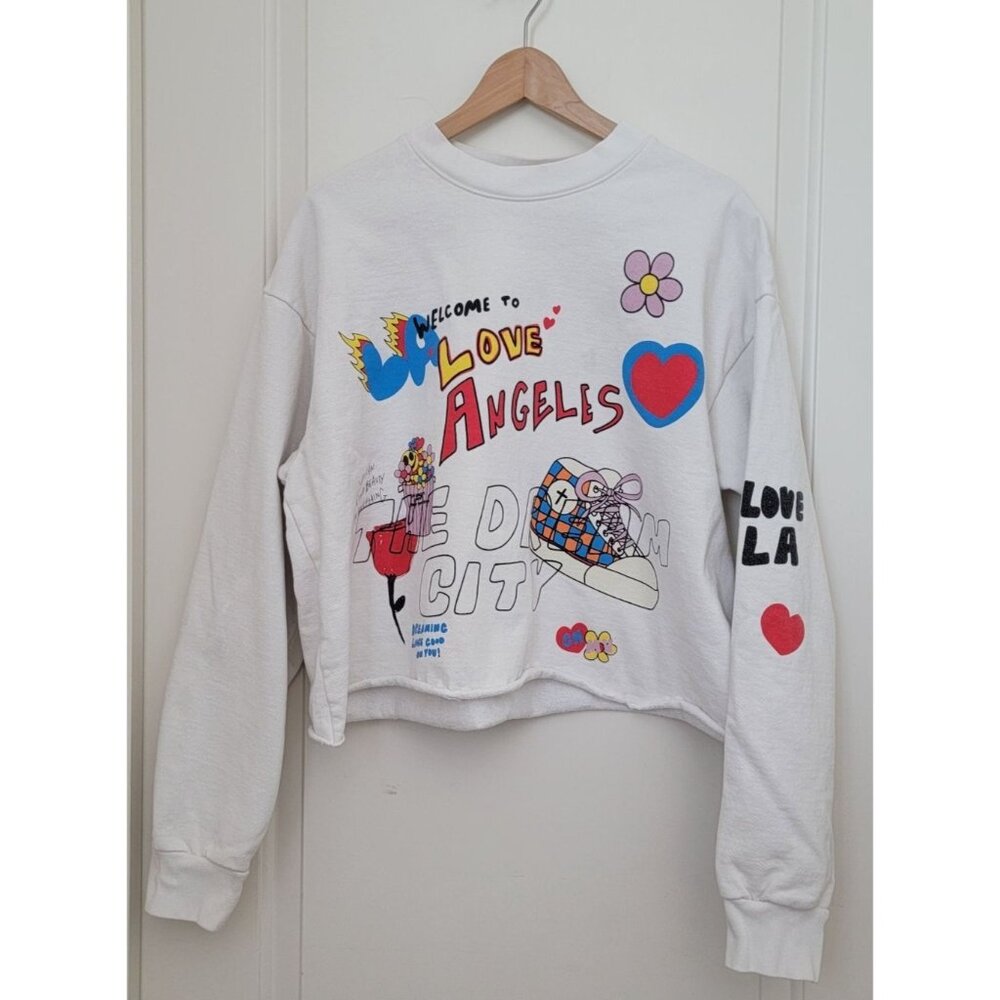 Welcome To Los Angeles Graphic White Cropped Crew Neck Sweatshirt Women's Sz L